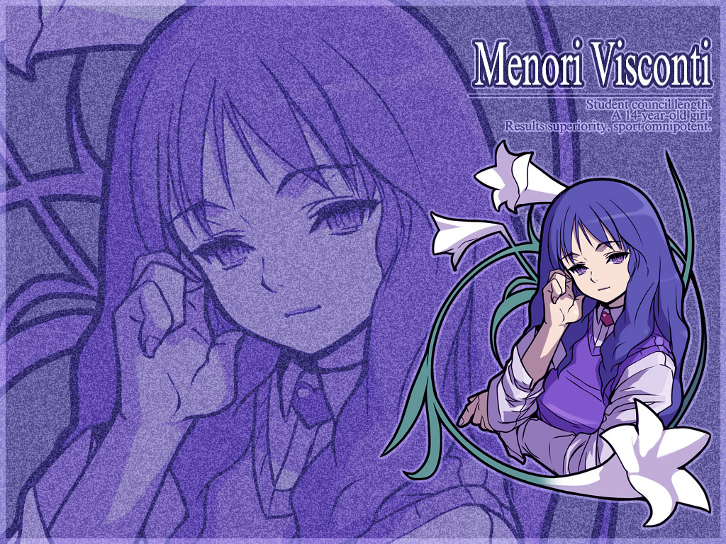 akaga hirotaka, menori, menori visconti, mujin wakusei survive, 00s, 1girl, adjusting hair, blue hair, brooch, character name, close-up, english text, engrish text, female focus, flower, heart, heart brooch, jewelry, lily (flower), long hair, purple background, purple eyes, purple sweater vest, ranguage, smile, solo, sweater vest, text focus, zoom layer