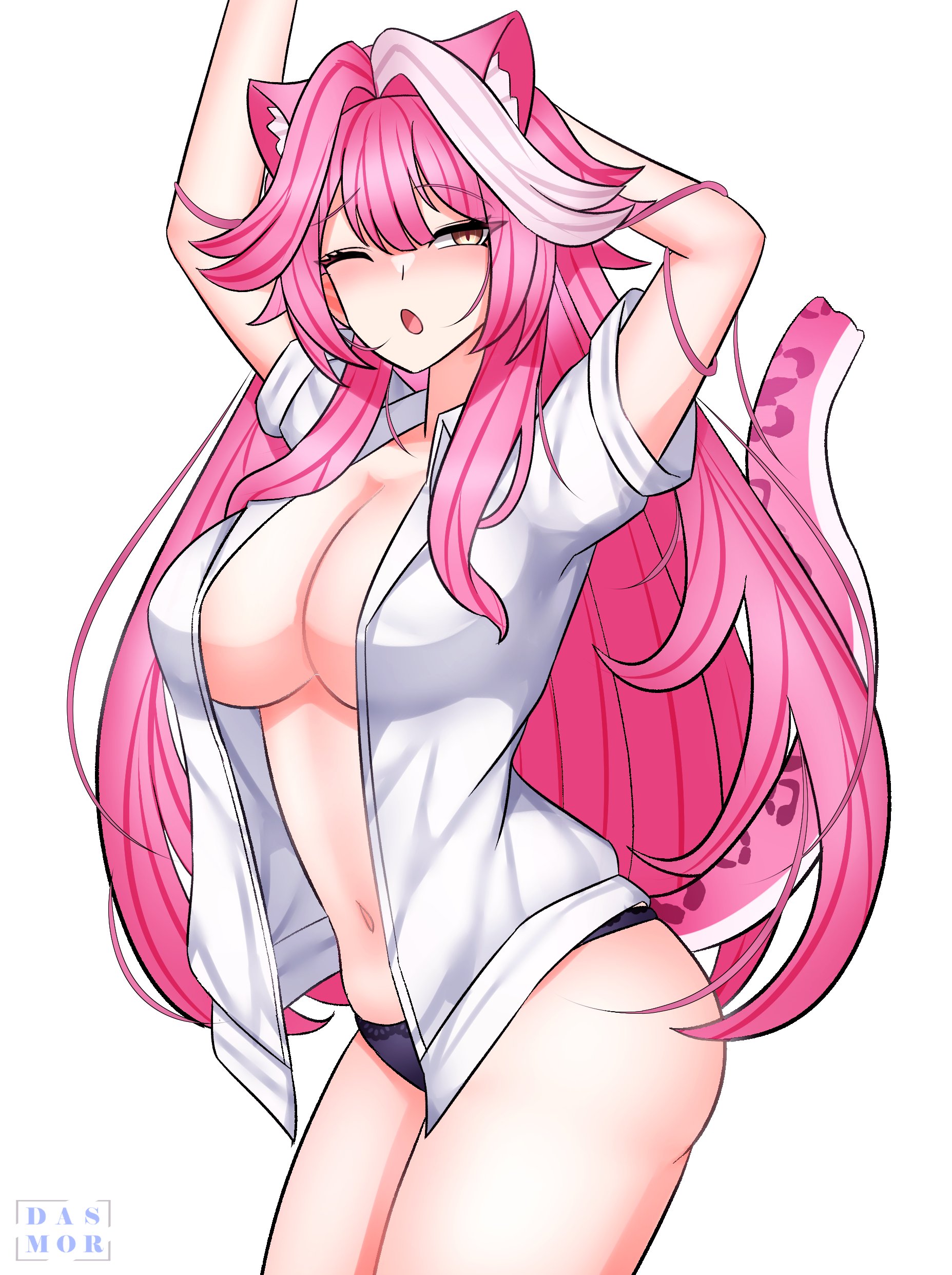dasmortred, raora panthera, hololive, hololive english, absurdres, highres, 1girl, ;o, animal ears, arm behind head, arm up, black panties, breasts, large breasts, long hair, navel, one eye closed, open clothes, open shirt, panther ears, panther girl, panther tail, panties, pink hair, shirt, simple background, solo, tail, underwear, virtual youtuber, white background, white shirt, yellow eyes