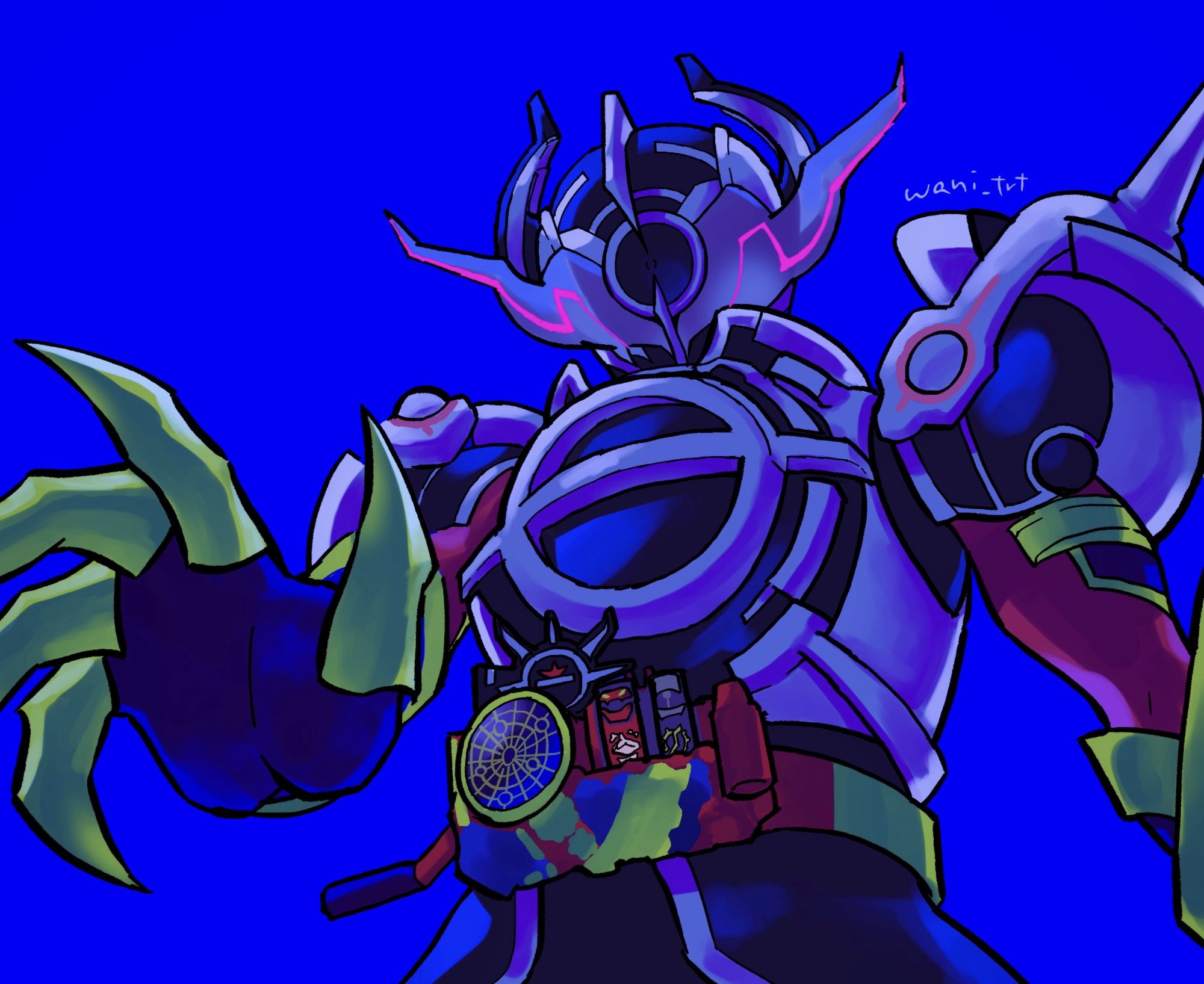 evolto, kamen rider evol, kamen rider, kamen rider build (series), commentary, highres, symbol-only commentary, 1boy, alien, armor, black hole, blue background, blue gloves, bodysuit, evol blackhole, evol driver, evol trigger, full armor, fullbottle, gloves, glowing, gold armor, helmet, horns, looking at viewer, male focus, pink eyes, rider belt, science fiction, shoulder armor, shoulder spikes, solo, spikes, tokusatsu, upper body, wani trt, white armor