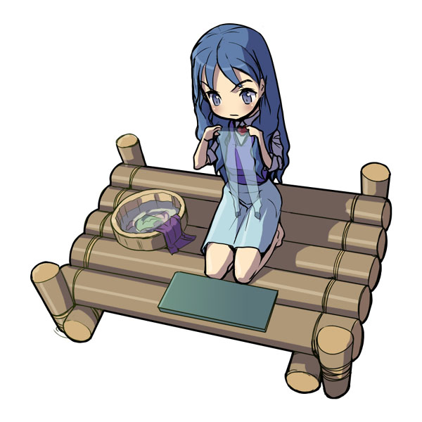 akaga hirotaka, menori, menori visconti, mujin wakusei survive, 00s, 1girl, barefoot, blue eyes, blue hair, blush, brooch, bucket, chibi, chibi only, faux figurine, female focus, figure stage, jewelry, kneeling, laundry, long hair, matching hair/eyes, pantyhose, purple sweater vest, see-through clothes, seiza, simple background, sitting, skirt, sleeves rolled up, solo, sweater vest, unworn pantyhose, water, white background, white pantyhose
