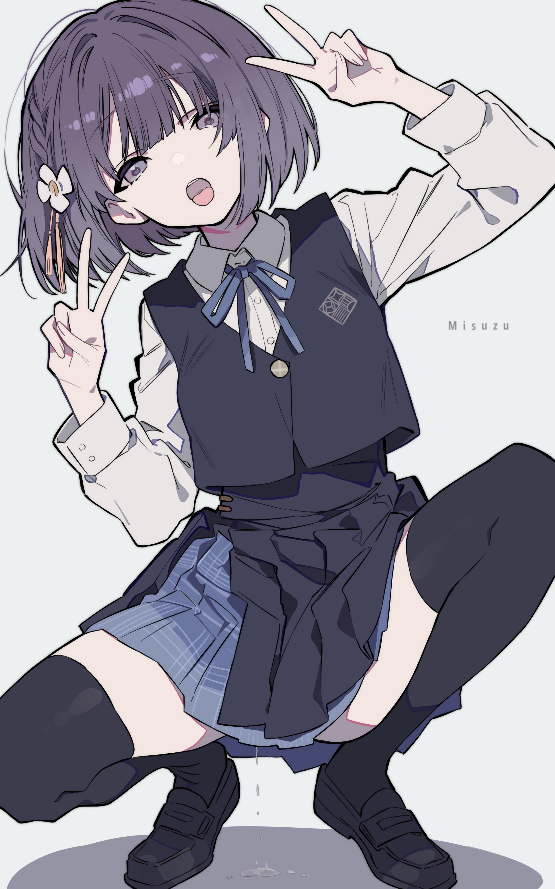 blackcatpancake, hataya misuzu, gakuen idolmaster, idolmaster, absurdres, highres, 1girl, black thighhighs, blue ribbon, blue skirt, blue vest, collared shirt, double v, flower, grey background, hair flower, hair ornament, hatsuboshi gakuen school uniform, leaning to the side, loafers, long sleeves, looking at viewer, mole, neck ribbon, open mouth, pleated skirt, purple hair, pussy juice, pussy juice puddle, pussy juice trail, ribbon, school uniform, shirt, shoes, short hair, simple background, skirt, solo, spread legs, squatting, thighhighs, v, vest, white shirt