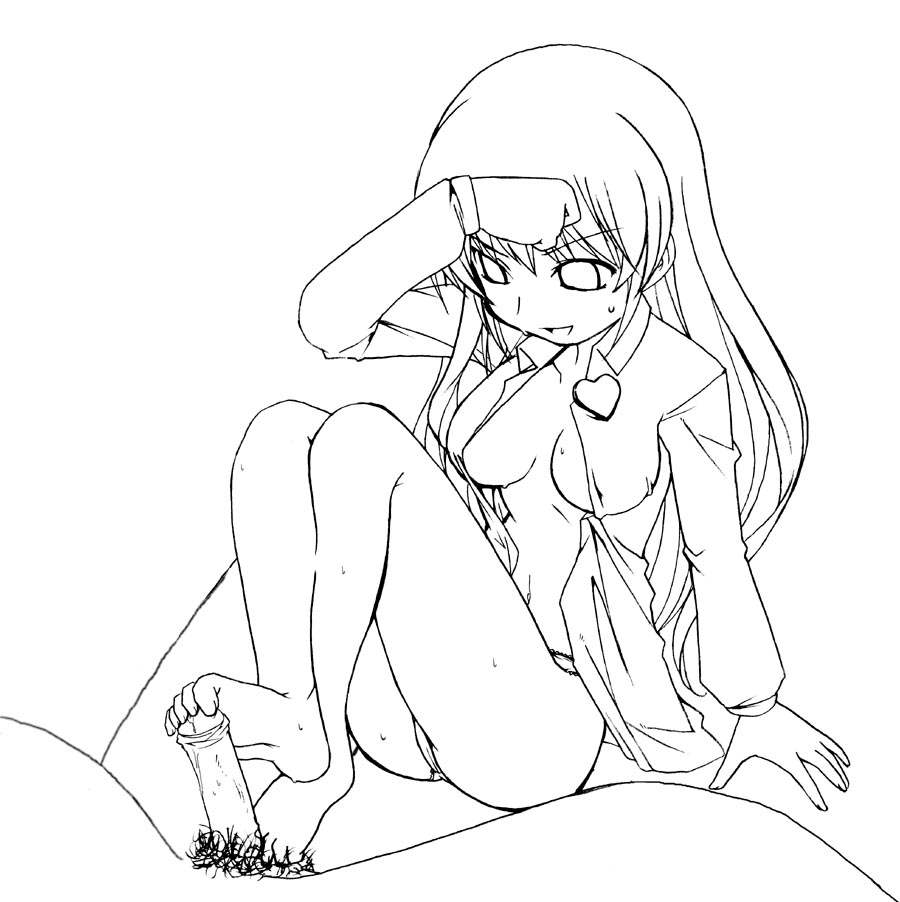 menori, menori visconti, mujin wakusei survive, 00s, 1girl, barefoot, brooch, feet, footjob, greyscale, heart, heart brooch, jewelry, monochrome, penis, solo focus, toes, uncensored, white background