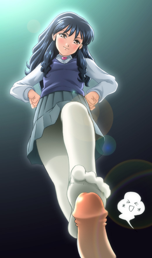 menori, menori visconti, mujin wakusei survive, 00s, 1girl, feet, footjob, footjob with legwear, hands on own hips, pantyhose, penis, pov, purple sweater vest, solo focus, sweater vest, toes, uncensored