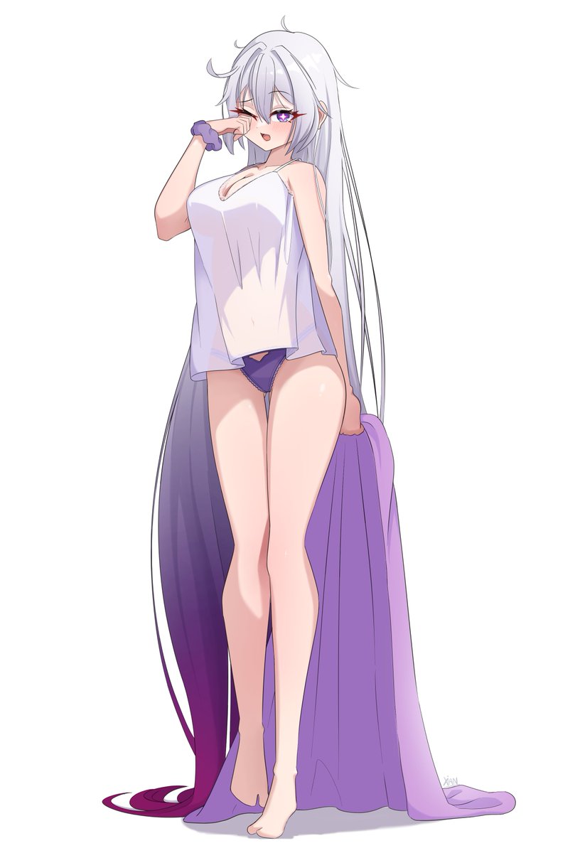 xian dra1805, kiana kaslana, kiana kaslana (herrscher of finality), honkai (series), honkai impact 3rd, highres, 1girl, ahoge, barefoot, breasts, cleavage, full body, large breasts, long hair, looking at viewer, one eye closed, open mouth, panties, purple eyes, purple panties, shirt, simple background, solo, standing, underwear, very long hair, white background, white hair, white shirt