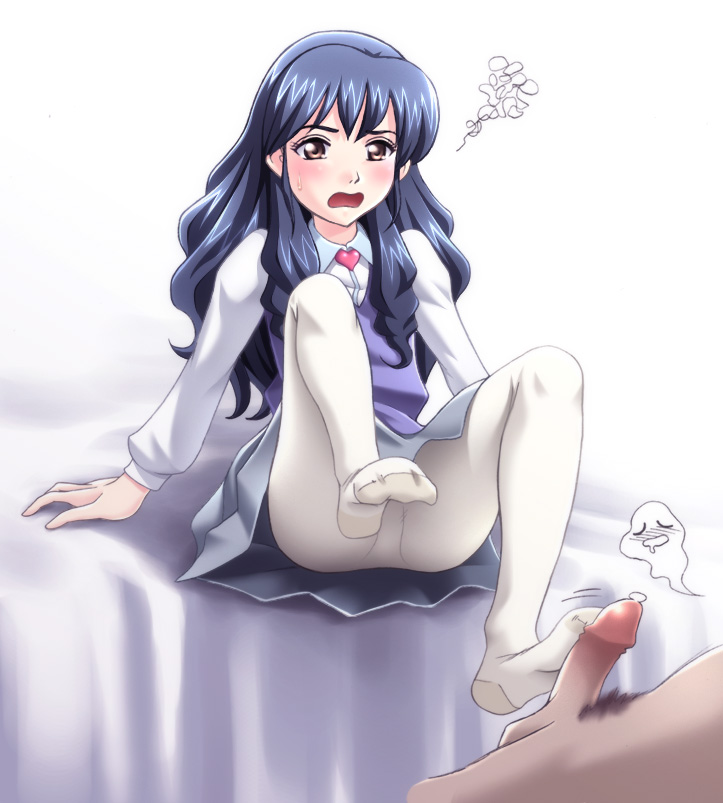 menori, menori visconti, madhouse, mujin wakusei survive, 00s, 1girl, arm support, blush, brooch, clothed female nude male, feet, footjob, footjob with legwear, full body, heart, heart brooch, jewelry, m legs, nude, panties, panties under pantyhose, pantyhose, penis, purple sweater vest, school uniform, solo focus, spread legs, sweater vest, uncensored, underwear, white pantyhose