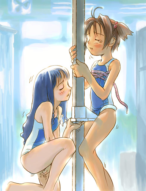 daidouji tomoyo, kinomoto sakura, cardcaptor sakura, artist request, 1990s (style), 2girls, blush, closed eyes, clothed masturbation, crotch rub, female masturbation, fingering, kneeling, loli, long hair, masturbation, masturbation through clothes, multiple girls, mutual masturbation, one-piece swimsuit, open mouth, retro artstyle, school, school swimsuit, swimsuit, tape measure, tears, trembling, yuri