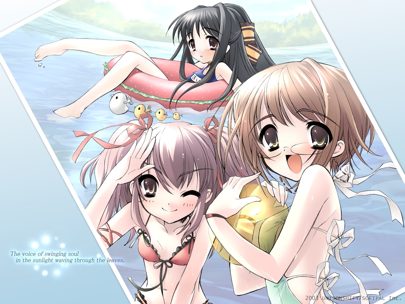 ito noizi, komorebi ni yureru tamashii no koe, highres, 3girls, :d, ball, barefoot, bikini, black hair, brown hair, front-tie top, glasses, hair ribbon, happy, innertube, long hair, multiple girls, navel, one-piece swimsuit, one eye closed, open mouth, photo (object), ribbon, salute, see-through clothes, short hair, smile, swim ring, swimsuit, twintails, water, wink
