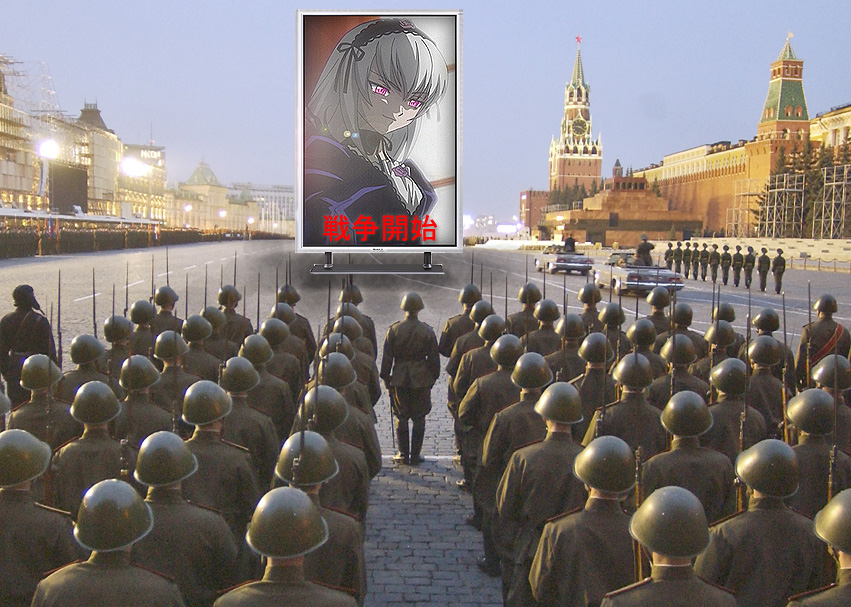 suigintou, rozen maiden, silver hair, third-party edit, 00s, 1girl, 6+boys, army, dress, glowing, glowing eyes, hairband, indoors, military, military uniform, multiple boys, outdoors, pink hair, purple dress, soldier, standing, window