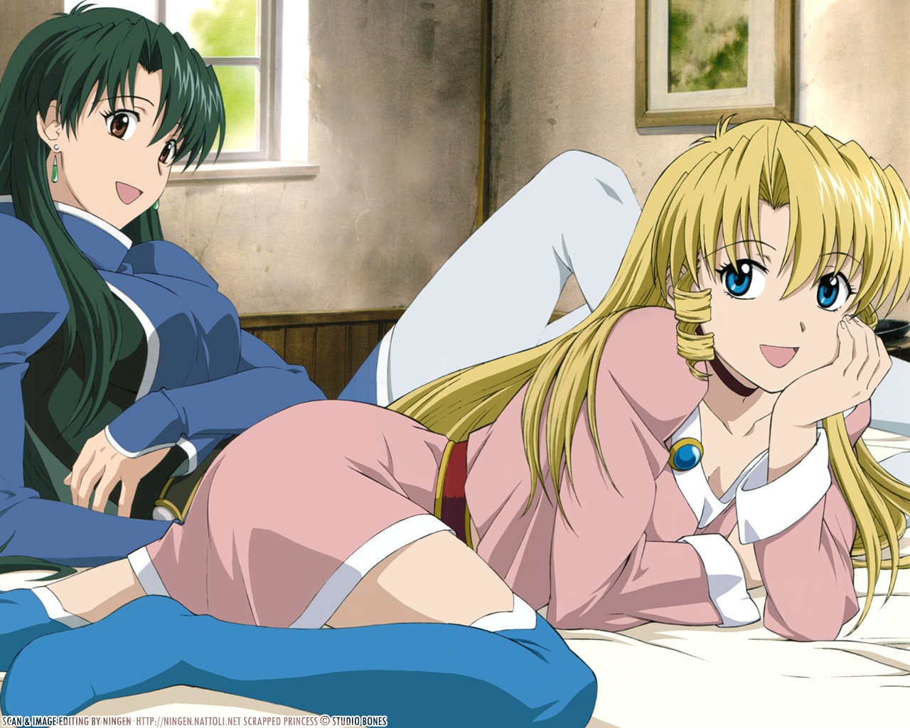 pacifica casull, raquel casull, scrapped princess, 00s, 2girls, bed, blonde hair, blue eyes, blue thighhighs, brown eyes, choker, drill hair, earrings, green hair, jewelry, long hair, lying, multiple girls, on stomach, pantyhose, socks, thighhighs, white pantyhose, window, zettai ryouiki