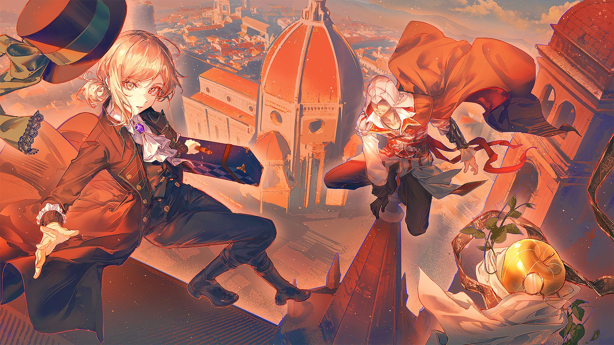 kei (keiuu), apple (reverse:1999), ezio auditore da firenze, vertin (reverse:1999), assassin's creed (series), assassin's creed ii, reverse:1999, highres, 1boy, 1girl, apple, ascot, black boots, black coat, black hat, black pants, black vest, blue bow, boater hat, boots, bow, brown gloves, coat, collared shirt, crossover, floating cape, florence (city), florence cathedral, food, from above, fruit, full body, gloves, golden apple, grey eyes, grey hair, hair bun, hat, hat bow, holding, holding suitcase, hood, hood over one eye, hood up, jumping, looking at viewer, monocle, one eye covered, outdoors, pants, parted lips, shirt, short hair, single glove, single side bun, squatting, suitcase, tower, twilight, vambraces, vest, waistcoat, white ascot, white shirt