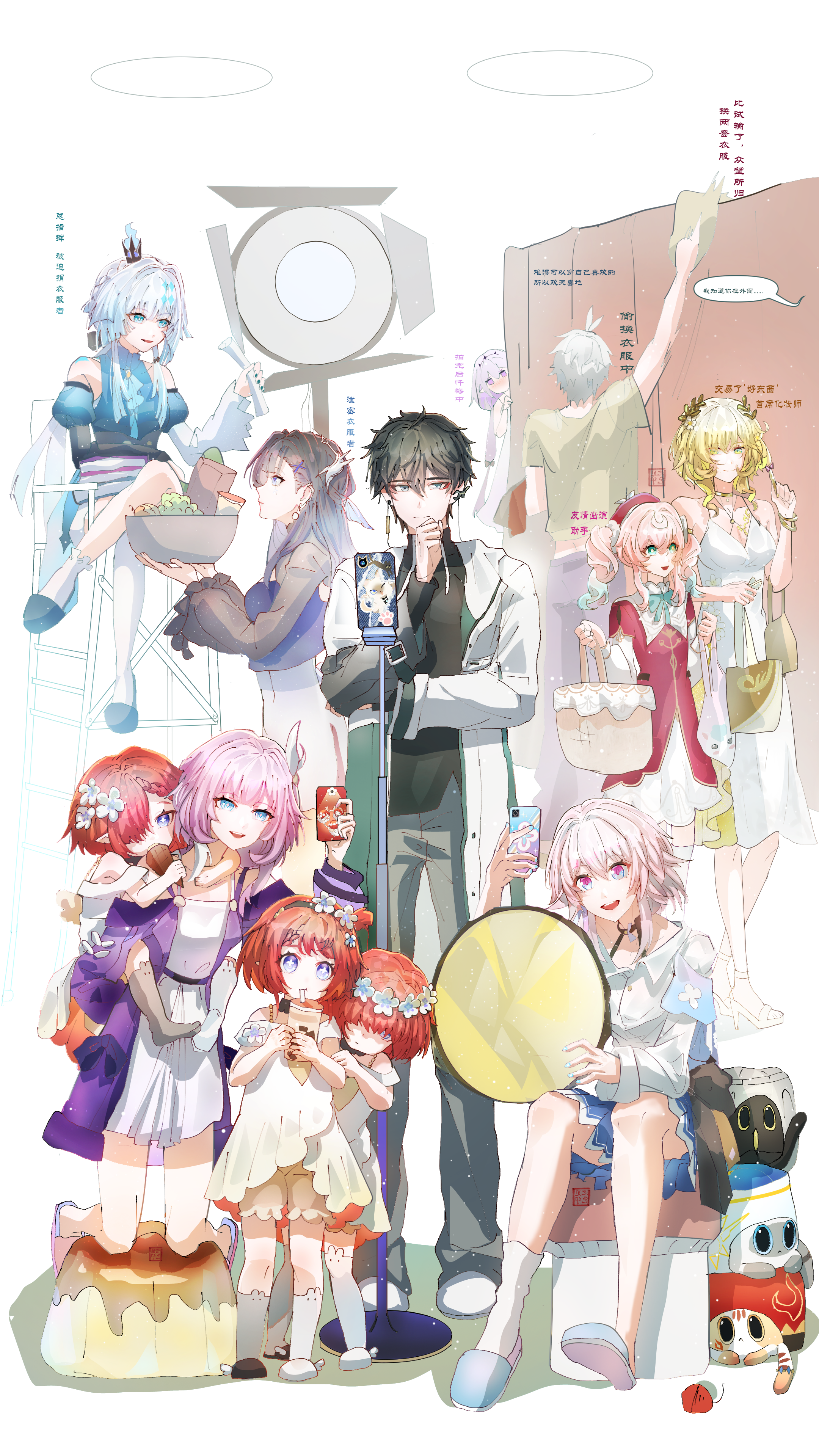 aglaea (honkai: star rail), castorice (honkai: star rail), cerydra (honkai: star rail), critter pick (honkai: star rail), cyrene (honkai: star rail), dan heng (honkai: star rail), dan heng (hunt) (honkai: star rail), hyacine (honkai: star rail), hysilens (honkai: star rail), march 7th (honkai: star rail), march 7th (preservation) (honkai: star rail), phainon (honkai: star rail), trianne (honkai: star rail), tribbie (honkai: star rail), trinnon (honkai: star rail), honkai: star rail, honkai (series), absurdres, chinese commentary, commentary request, highres, translation request, 2boys, 6+girls, ahoge, aqua eyes, aqua hair, bag, basket, black hair, blonde hair, blue dress, blue eyes, blue hair, blue skirt, breasts, chinese text, chrysos heirs (honkai: star rail), cleavage, coat, cross-shaped pupils, crossed legs, crown, dress, flower, food, green eyes, grey pants, hair flower, hair ornament, head wreath, holding, holding bag, holding basket, holding phone, large breasts, laurel crown, long hair, multicolored coat, multicolored hair, multiple boys, multiple girls, pants, phone, piggy bank, pink hair, purple coat, purple hair, red dress, red hair, selfie, shennianxiamiao, shoes, short hair, sitting, skirt, slippers, symbol-shaped pupils, triplets, twintails, two-tone coat, two-tone hair, white dress, white shoes