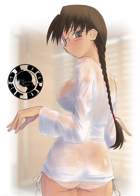tsuina, hoshina tomoko, to heart, to heart (series), 1girl, ass, blush, braid, breasts, brown eyes, brown hair, female focus, from behind, glasses, large breasts, looking back, no bra, panties, see-through clothes, side-tie panties, solo, underwear, wet, wet clothes