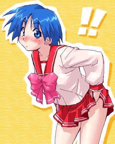 zen, matsubara aoi, to heart, to heart (series), lowres, !, !!, 1girl, bow, cowboy shot, female focus, oekaki, pink bow, pleated skirt, school uniform, serafuku, skirt, solo