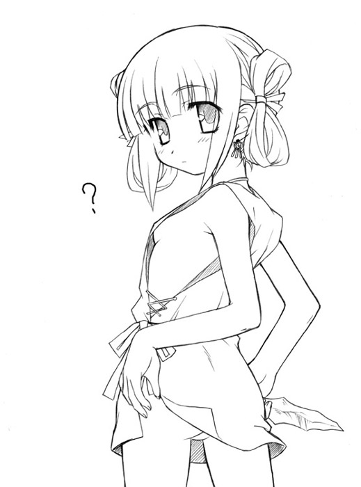 aoi kumiko, copyright request, 1girl, ?, breasts, clueless, covered erect nipples, dagger, dress, earrings, female focus, fingernails, greyscale, jewelry, knife, long hair, looking at viewer, looking to the side, monochrome, no bra, no panties, pussy, pussy peek, sideboob, simple background, small breasts, solo, weapon, white background