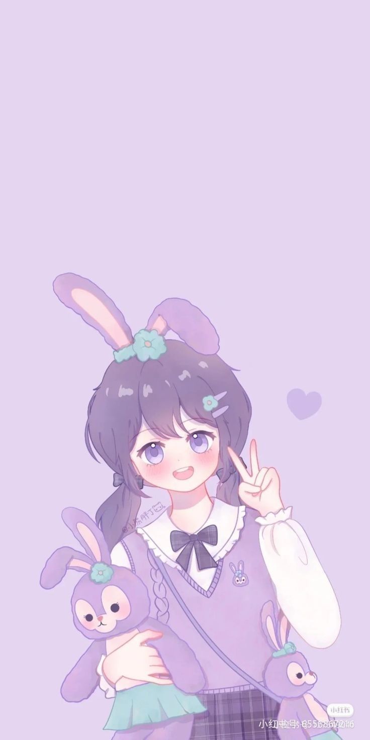 stellalou, artist request, commentary request, highres, non-web source, source request, 1girl, 3boys, animal ears, animification, duffy and friends, humanization, looking at viewer, medium hair, multiple boys, purple eyes, purple hair, rabbit ears, rabbit girl, shirt, skirt, smile, solo, stuffed animal, stuffed toy, twintails