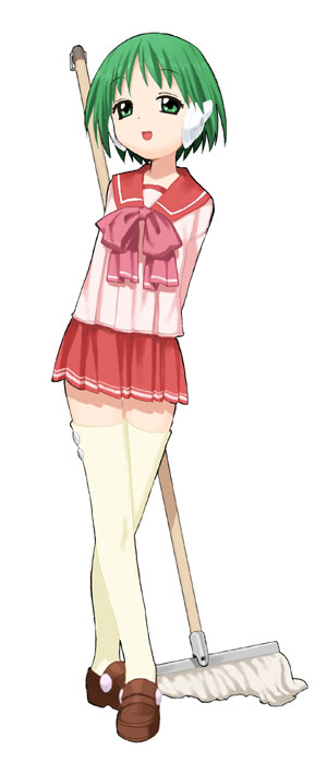 multi (to heart), to heart, to heart (series), 1girl, bow, female focus, green eyes, green hair, matching hair/eyes, mop, pink bow, pleated skirt, robot ears, school uniform, serafuku, short hair, skirt, solo, thighhighs