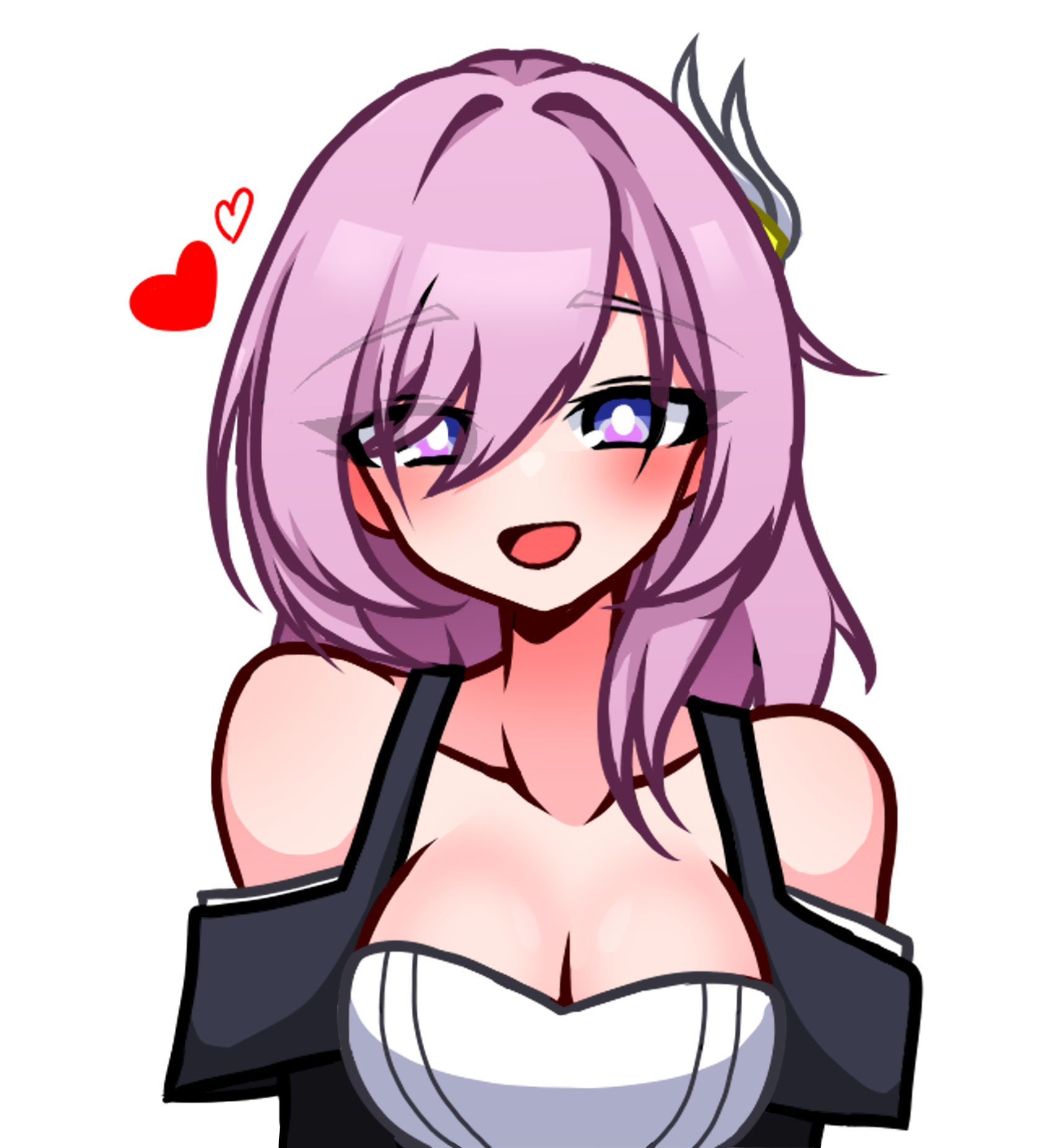 aria (sha riac), elysia (honkai impact), honkai (series), honkai impact 3rd, highres, 1girl, blue eyes, breasts, cleavage, collarbone, hair ornament, heart, large breasts, long hair, looking at viewer, open mouth, pink hair, shirt, sitting, smile, solo, upper body, white background, white shirt