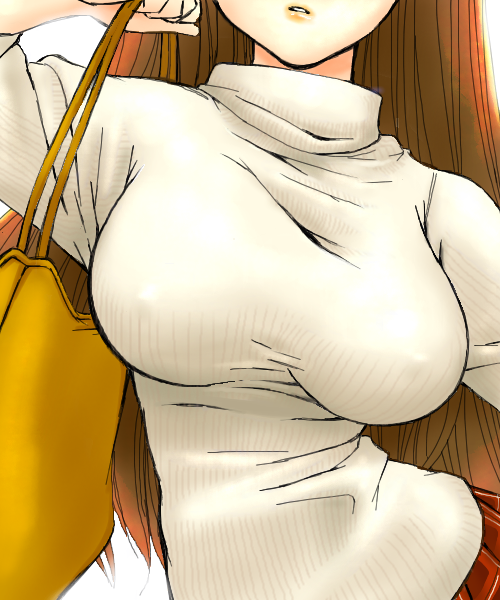 kousaka tamaki, to heart, to heart (series), to heart 2, 00s, 1girl, bag, breasts, brown hair, close-up, covered erect nipples, female focus, head out of frame, large breasts, long hair, long sleeves, no bra, red hair, shoulder bag, simple background, skirt, solo, sweater, very long hair