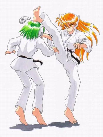 multi (to heart), serio (to heart), to heart, to heart (series), lowres, 2girls, android, dougi, green hair, multiple girls, robot, robot ears, yellow eyes