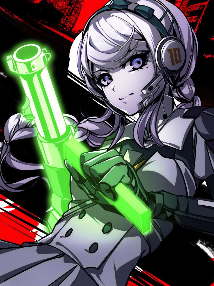 nota sayaka, kirifuji nozomi, the hundred line -last defense academy-, 1girl, armor, black background, black bow, black gloves, black hairband, bow, bow hairband, braid, gloves, glowing, glowing weapon, grey hair, grey skirt, gun, hairband, holding, holding gun, holding weapon, long hair, looking at viewer, pleated skirt, purple eyes, red background, skirt, solo, two-tone background, upper body, weapon