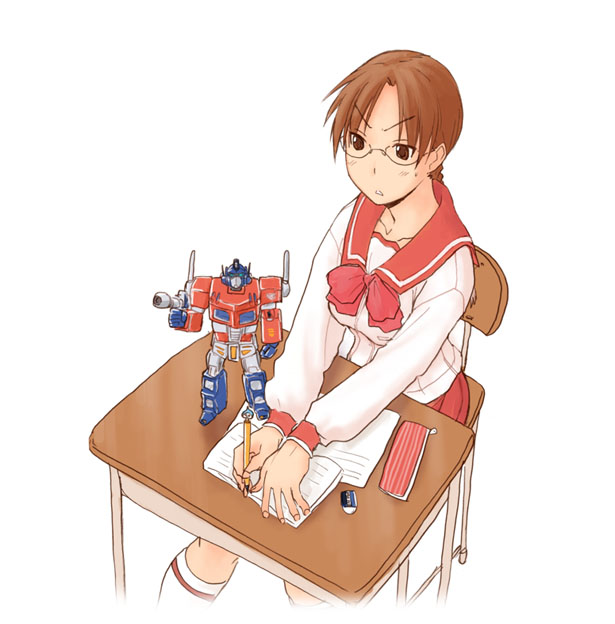 hoshina tomoko, optimus prime, to heart, to heart (series), transformers, transformers: generation 1, 1girl, braid, brown hair, desk, eraser, female focus, glasses, kneehighs, mecha, parted bangs, pencil, pencil case, robot, sailor collar, school uniform, serafuku, sitting, socks, solo, toy, writing