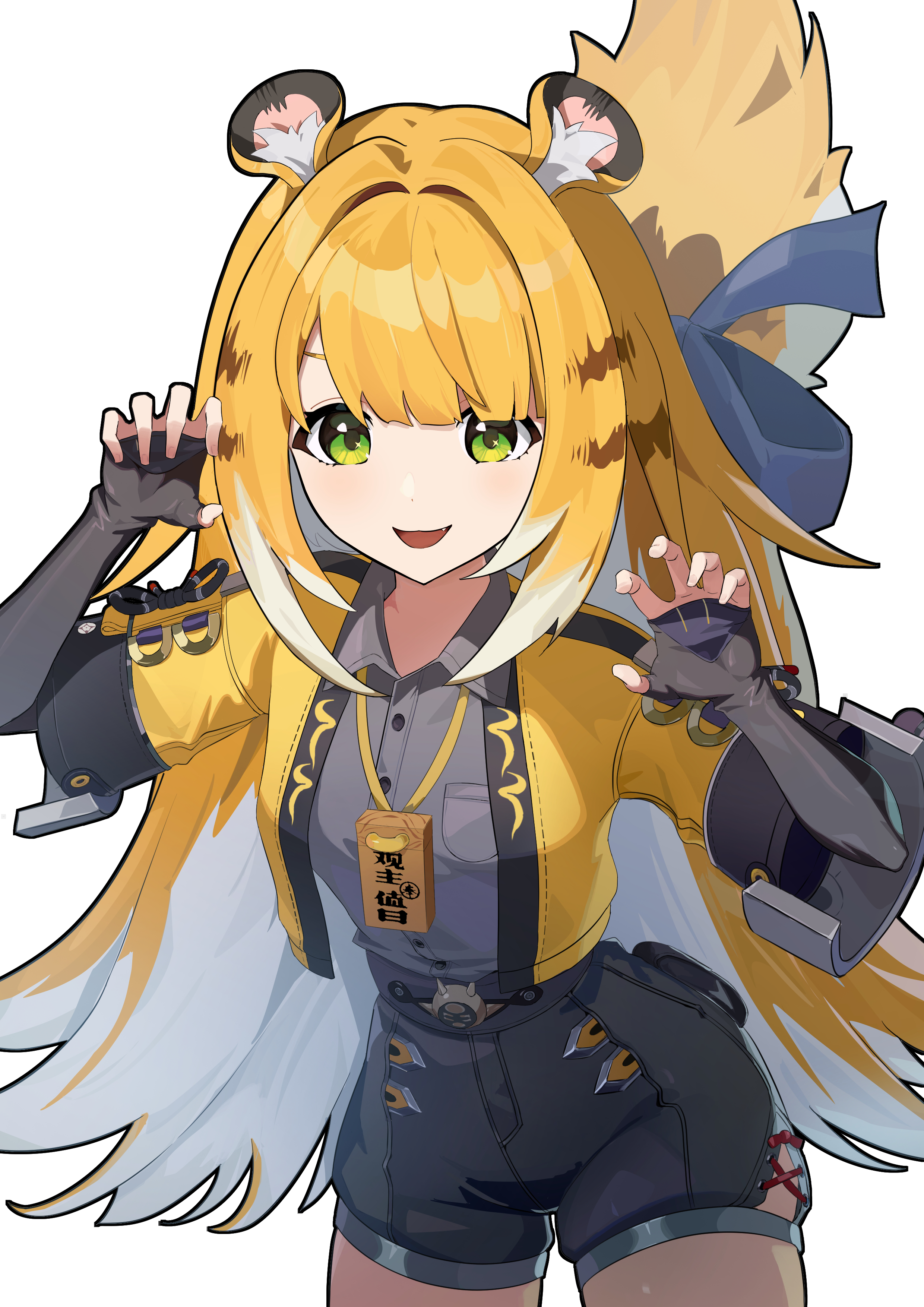 ju fufu, zenless zone zero, absurdres, highres, 1girl, animal ear fluff, animal ears, blonde hair, breasts, gloves, green eyes, jacket, long hair, looking at viewer, multicolored hair, open mouth, shirt, shorts, smile, solo, tail, tiger ears, tiger girl, tiger tail, user pnum2583, white hair