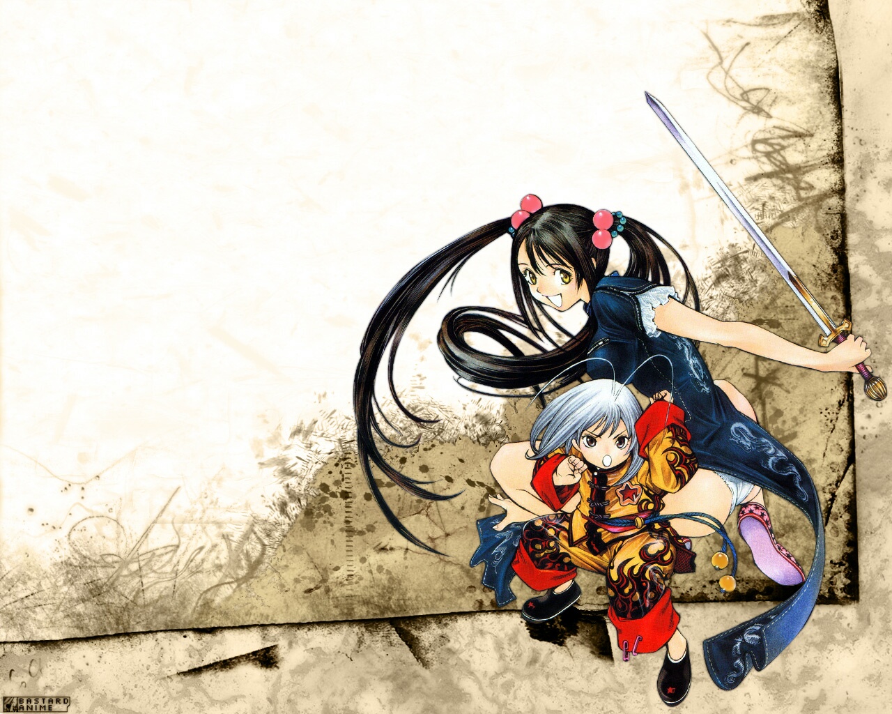 oogure ito, natsume aya, natsume maya, tenjou tenge, third-party edit, 2girls, aged down, antenna hair, ass, bajiquan (martial arts), black hair, china dress, chinese clothes, dress, fighting stance, grey eyes, hair bobbles, hair ornament, japanese clothes, jian (weapon), long hair, looking back, matrial arts, multiple girls, panties, pantyshot, shoes, short hair, squatting, sword, twintails, underwear, very long hair, watermark, weapon, white panties, yellow eyes