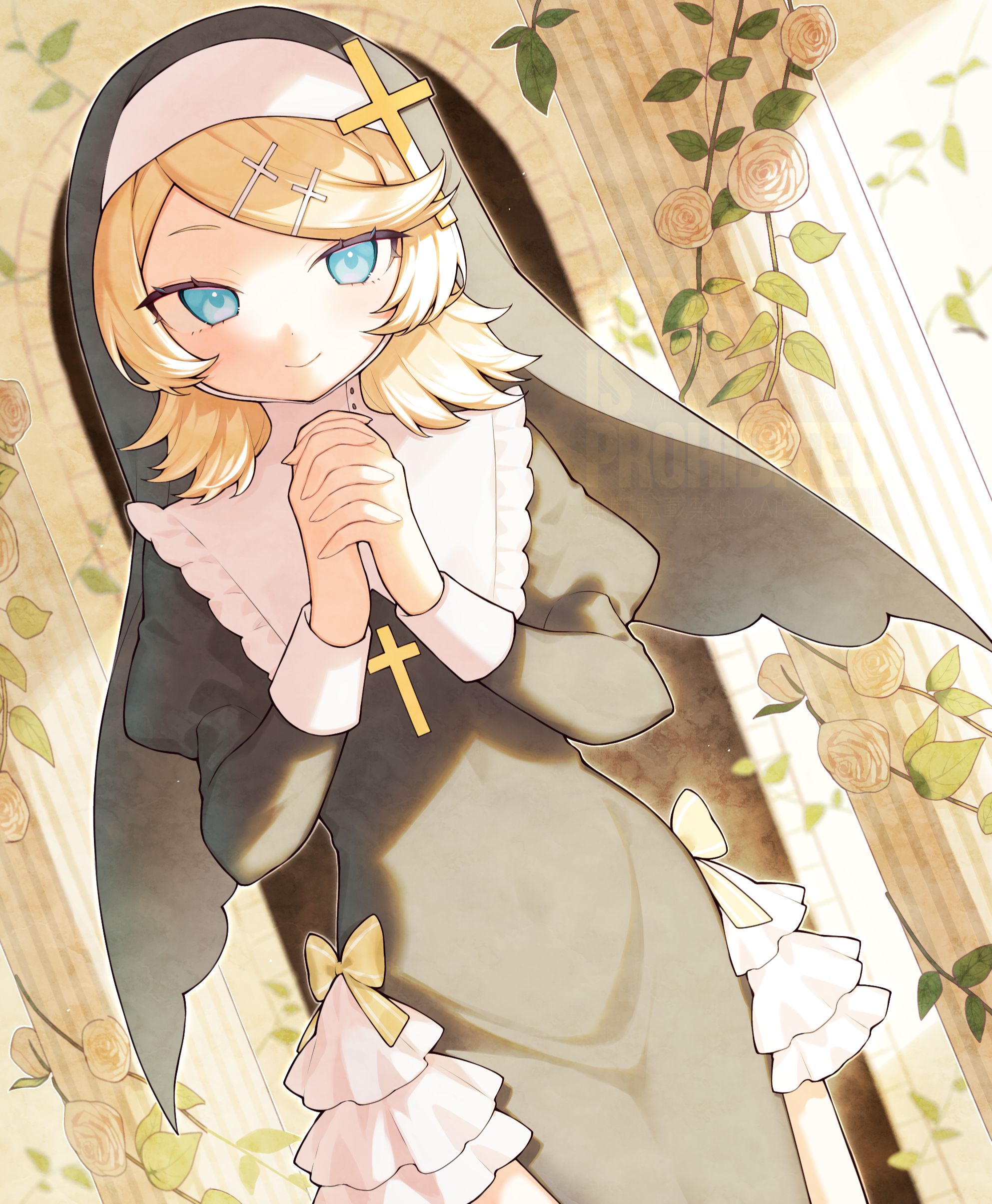 mr (1937mrtary), kagamine rin, vocaloid, absurdres, highres, 1girl, black dress, black veil, blonde hair, blue eyes, column, covered groin, cowboy shot, cross hair ornament, dress, dutch angle, flower, hair ornament, hands up, interlocked fingers, juliet sleeves, long sleeves, looking at viewer, medium hair, nun, own hands together, pillar, plant, puffy sleeves, smile, solo, veil, vines, white flower