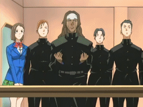 makihara bob, natsume aya, natsume maya, tenjou tenge, plaid, animated, animated gif, anime screenshot, lowres, 3girls, 4boys, aged down, ahoge, antenna hair, black hair, blazer, bow, brown hair, child, covering own mouth, dark skin, dreadlocks, gakuran, hand over mouth, hand over own mouth, headband, holding, jacket, japanese clothes, kneehighs, legs, long hair, loose socks, multiple boys, multiple girls, open mouth, purple hair, school uniform, short hair, skirt, socks, surprised, table, twintails, very long hair