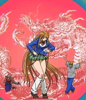 nagi souichirou, natsume aya, natsume maya, tenjou tenge, plaid, animated, animated gif, anime screenshot, lowres, 1boy, 2girls, aged down, ahoge, antenna hair, blazer, blonde hair, bouncing breasts, bow, breasts, brown hair, child, dancing, dragon, jacket, japanese clothes, jumping, kneehighs, large breasts, legs, long hair, loose socks, multiple girls, pleated skirt, purple hair, school uniform, shoes, skirt, socks, very long hair