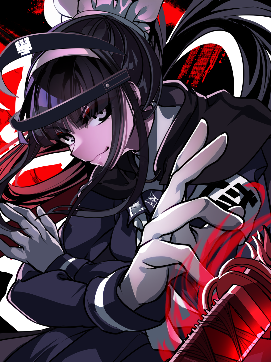 nota sayaka, magadori kyoshika, the hundred line -last defense academy-, 1girl, armband, black background, black cape, black hair, black sailor collar, black serafuku, cape, crossed arms, drop shadow, eyeliner, gloves, grey eyes, headgear, last defense academy school uniform, long hair, looking at viewer, makeup, neckerchief, ponytail, red background, red eyeliner, sailor collar, school uniform, serafuku, solo, sword, two-tone background, upper body, weapon, white armband, white gloves, white neckerchief