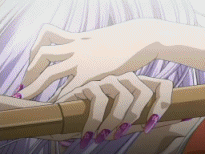 natsume maya, tenjou tenge, animated, animated gif, anime screenshot, lowres, 1girl, blue eyes, bokken, breasts, cleavage, collarbone, female focus, japanese clothes, large breasts, nail polish, solo, sword, weapon, wooden sword