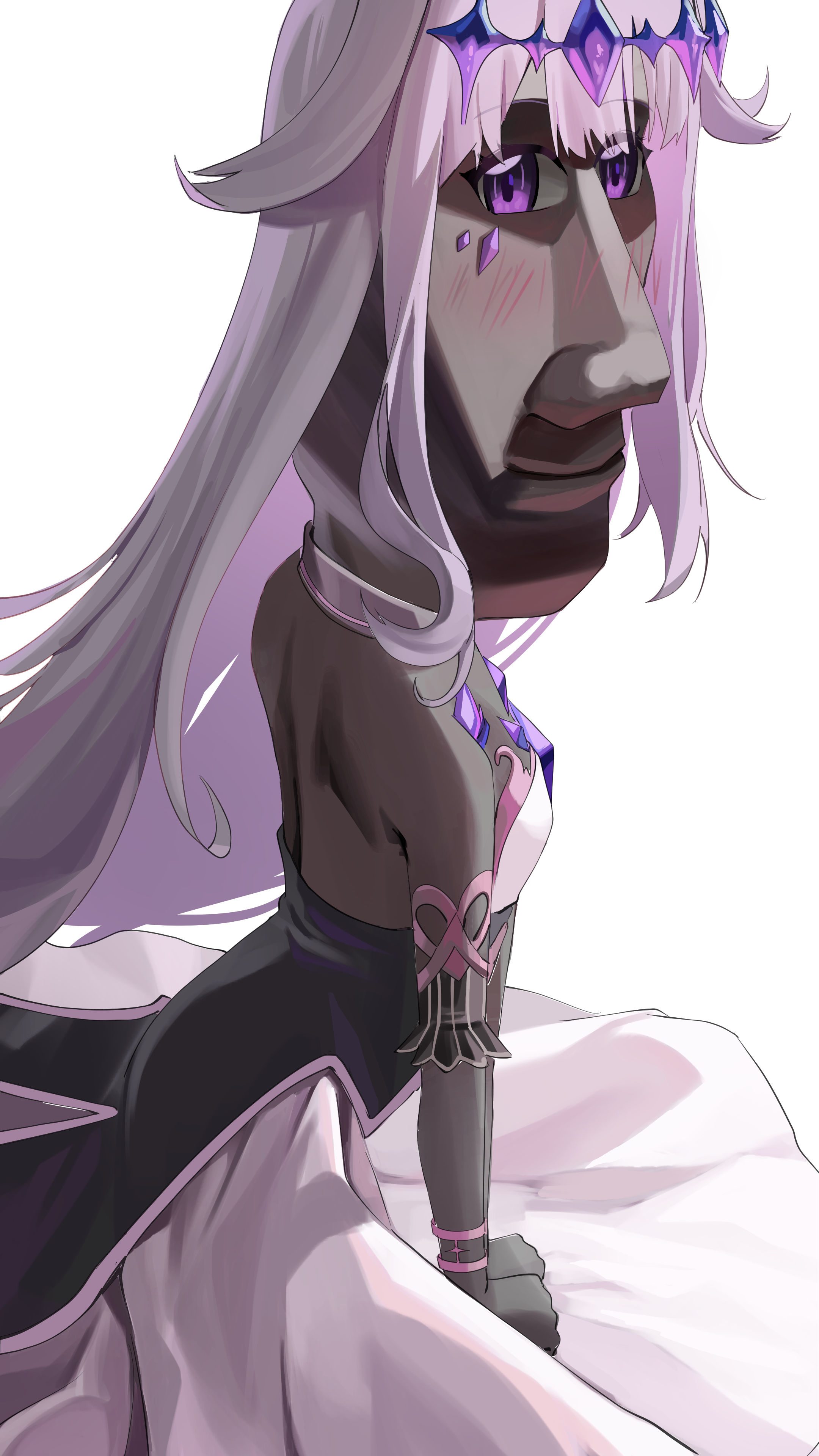 pitespear, koseki bijou, koseki bijou (1st costume), hololive, hololive english, absurdres, commentary, english commentary, highres, 1girl, chest jewel, closed mouth, colored skin, dress, gem, gradient hair, grey hair, grey skin, jewel under eye, long hair, looking at viewer, moai (koseki bijou), multicolored hair, purple eyes, purple gemstone, purple hair, simple background, solo, virtual youtuber, white background, white dress