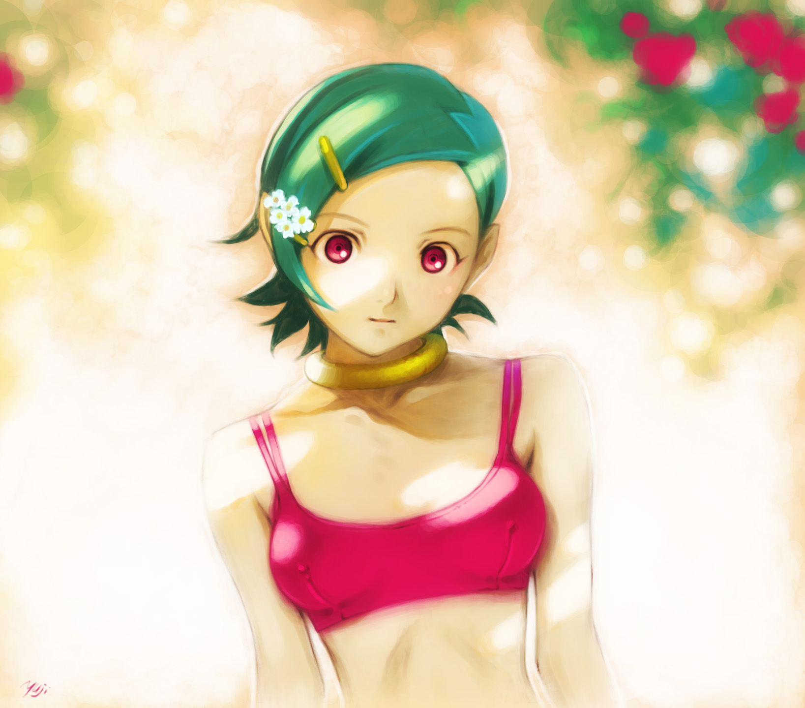 kobayashi yuji, eureka (eureka seven), eureka seven, eureka seven (series), eyebrows, highres, 00s, 1girl, artist name, bare shoulders, bikini, bikini top only, blurry, blurry background, breasts, choker, closed mouth, collar, collarbone, covered erect nipples, female focus, flower, green hair, hair flower, hair ornament, hairclip, jewelry, looking at viewer, neck ring, outdoors, purple eyes, red bikini, short hair, small breasts, solo, swept bangs, swimsuit, upper body