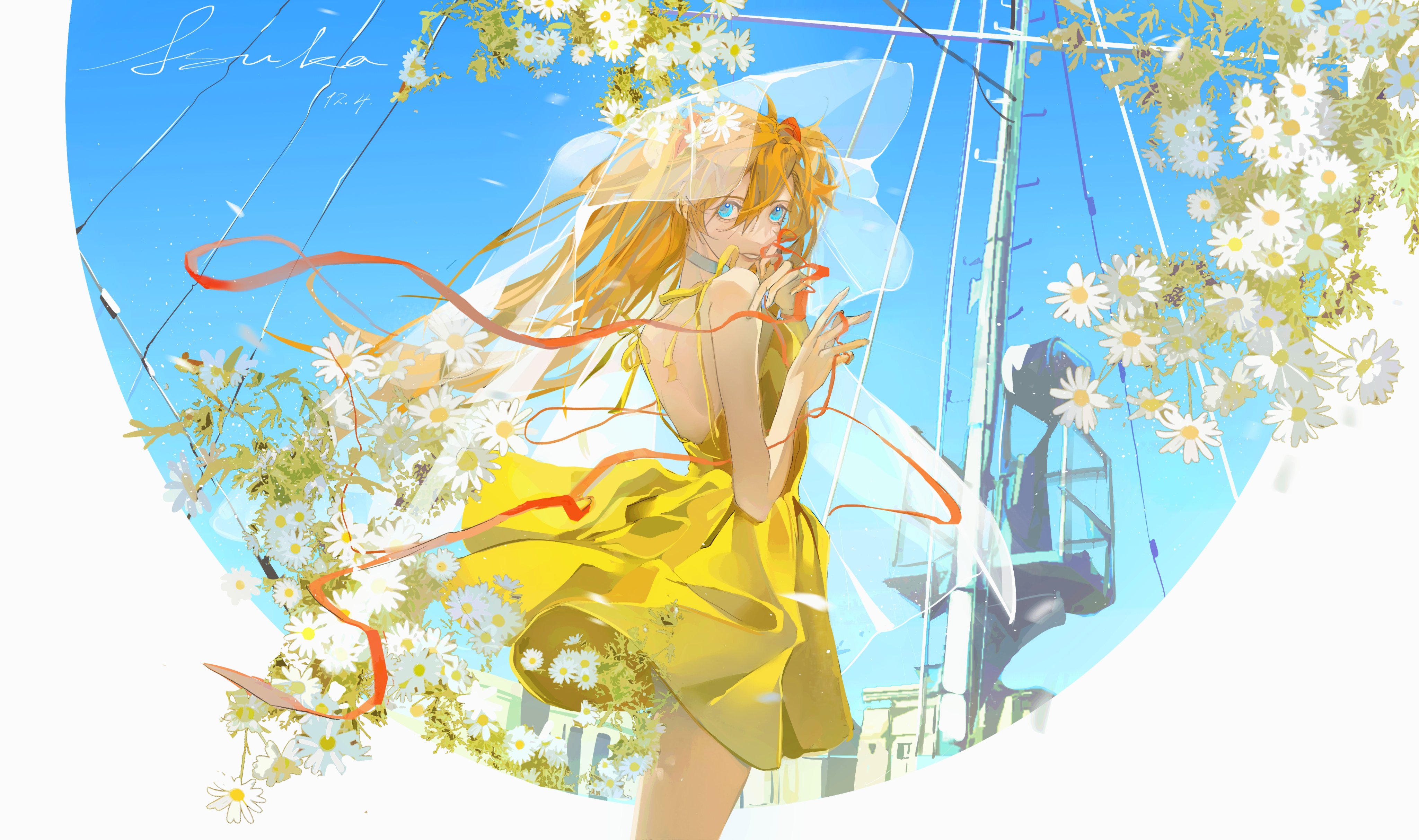 biquan dogger, souryuu asuka langley, neon genesis evangelion, absurdres, highres, 1girl, blue eyes, blue sky, cowboy shot, dated, dress, flower, from side, grin, hands up, holding, holding ribbon, long hair, mast, orange hair, red ribbon, ribbon, see-through clothes, see-through veil, short dress, sky, sleeveless, sleeveless dress, smile, solo, spaghetti strap, two side up, veil, white flower, yellow dress