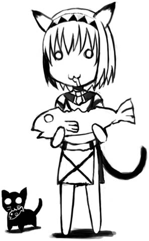 kyo (kuroichigo), mithra (ff11), final fantasy, final fantasy xi, lowres, 00s, 1girl, :3, animal, animal ears, cat, cat girl, chibi, chibi only, eating, female focus, fish, greyscale, monochrome, o o, solo, tail