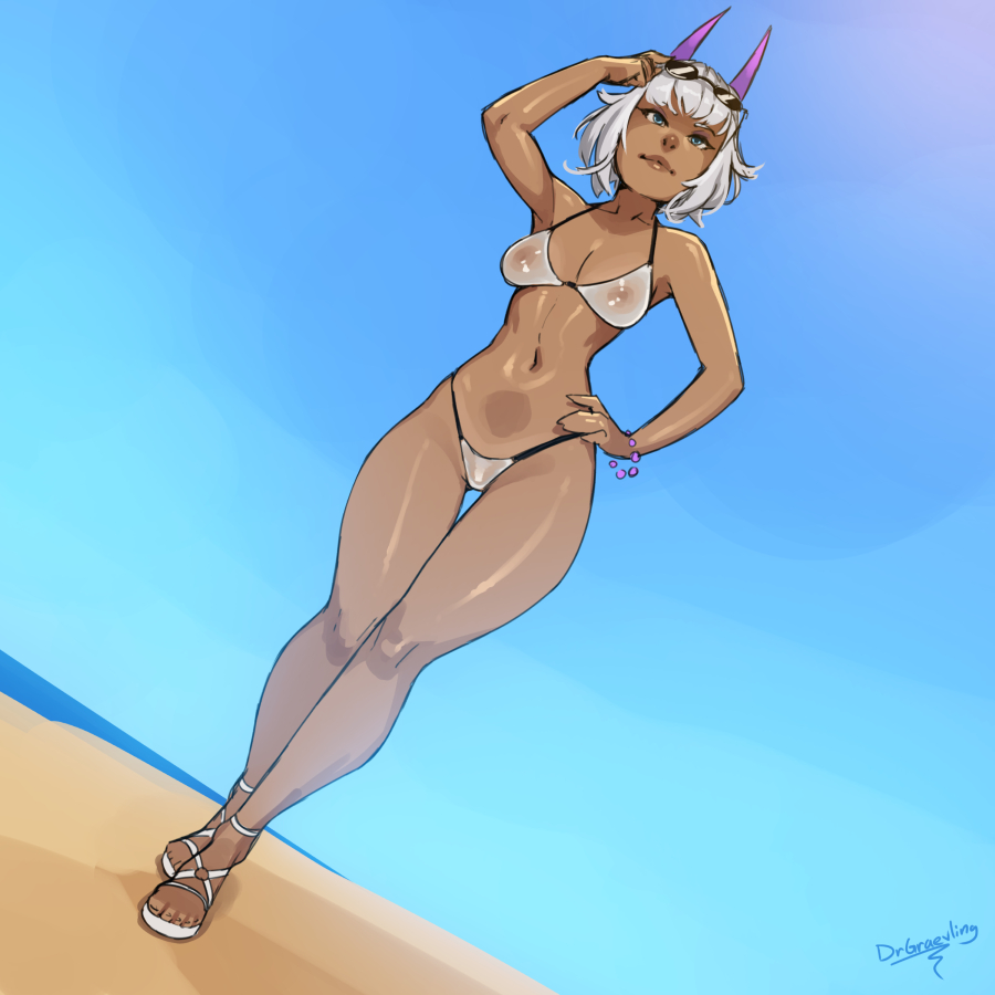 dr graevling, original, 1girl, adjusting eyewear, beach, bikini, bracelet, breasts, cleavage, closed mouth, covered erect nipples, dark-skinned female, dark skin, demon horns, full body, horns, jewelry, large breasts, lips, looking at viewer, navel, ocean, sandals, see-through bikini, see-through clothes, shoes, short hair, signature, solo, stomach, sunglasses, swimsuit, white hair, white shoes