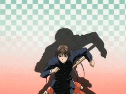 natsume maya, takayanagi masataka, tenjou tenge, animated, animated gif, anime screenshot, lowres, aged down, antenna hair, black hair, bokken, child, gakuran, hair ribbon, hakama, hakama skirt, japanese clothes, long hair, midriff, purple hair, ribbon, running, school uniform, serafuku, short hair, skirt, surprised, sword, twintails, very long hair, weapon, wooden sword
