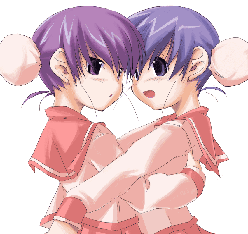 himeyuri ruri, himeyuri sango, to heart (series), to heart 2, 00s, 2girls, bun cover, double bun, hair bun, hug, multiple girls, school uniform, serafuku, siblings, sisters, twins
