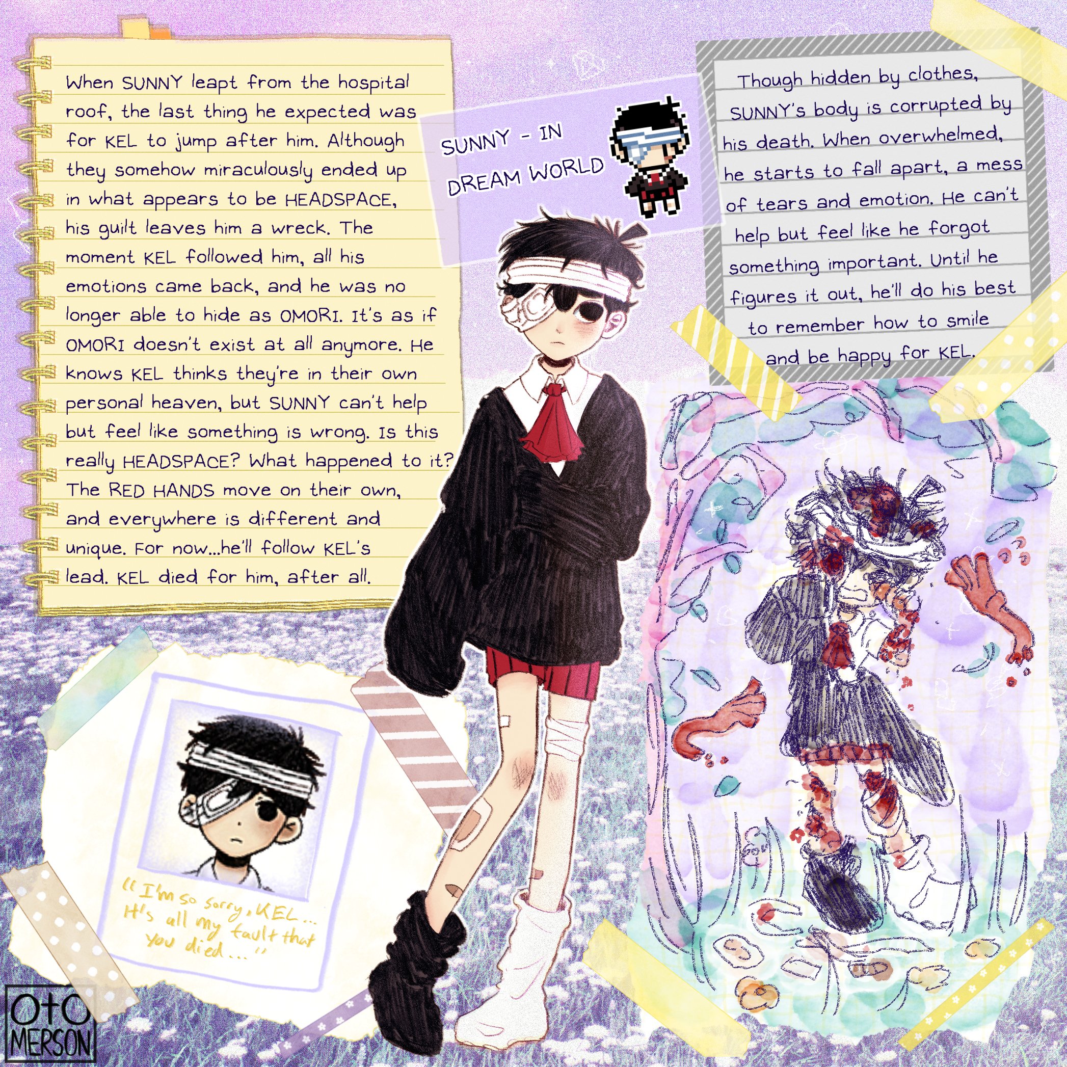 otomerson, sunny (omori), omori, highres, spoilers, 1boy, alternate costume, alternate universe, antenna hair, artist name, asymmetrical legwear, bandaged head, bandaged leg, bandages, bandaid, bandaid on leg, black eyes, black hair, black socks, black sweater, blood, blood on clothes, closed mouth, collared shirt, english text, eyepatch, full body, long sleeves, looking at viewer, male focus, medical eyepatch, mismatched legwear, photo (object), red shorts, shirt, short hair, shorts, sleeves past fingers, sleeves past wrists, socks, solo, striped clothes, striped shorts, sweater, vertical-striped clothes, vertical-striped shorts, white socks