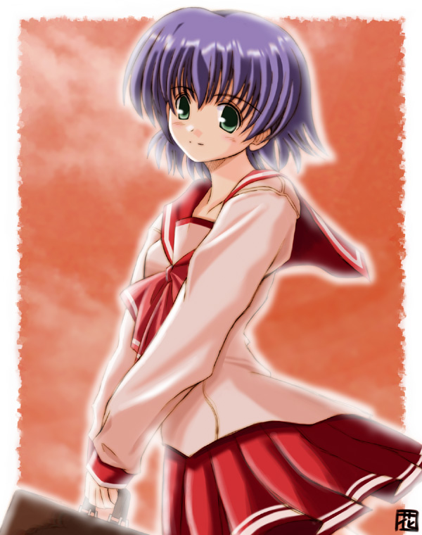 hana (hana mo arashi mo), tonami yuma, to heart (series), to heart 2, 00s, bag, blush, green eyes, pleated skirt, purple hair, school bag, school uniform, serafuku, short hair, skirt, solo
