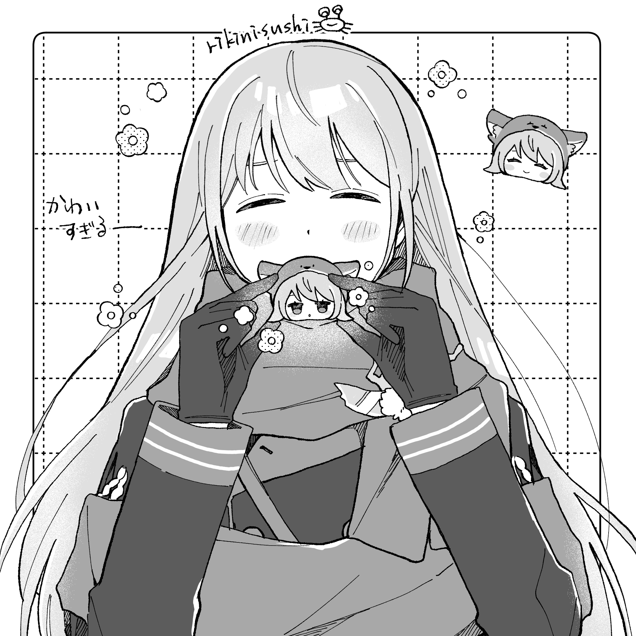rikini sushi, bkornblume, reverse:1999, highres, 1girl, ^ ^, chibi, chibi inset, closed eyes, coat, covered mouth, facing viewer, flower, gloves, greyscale, grid background, hands up, holding, long hair, long sleeves, monochrome, scarf, solo, upper body