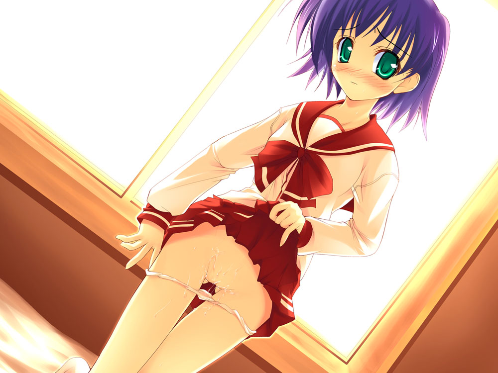 tonami yuma, to heart (series), to heart 2, 00s, 1girl, blush, bow, censored, clothes lift, dutch angle, female focus, green eyes, indoors, kneeling, lifting own clothes, miniskirt, panties, panty pull, purple hair, pussy juice, pussy juice trail, school uniform, serafuku, short hair, skirt, skirt lift, solo, thigh gap, thighs, underwear, white panties