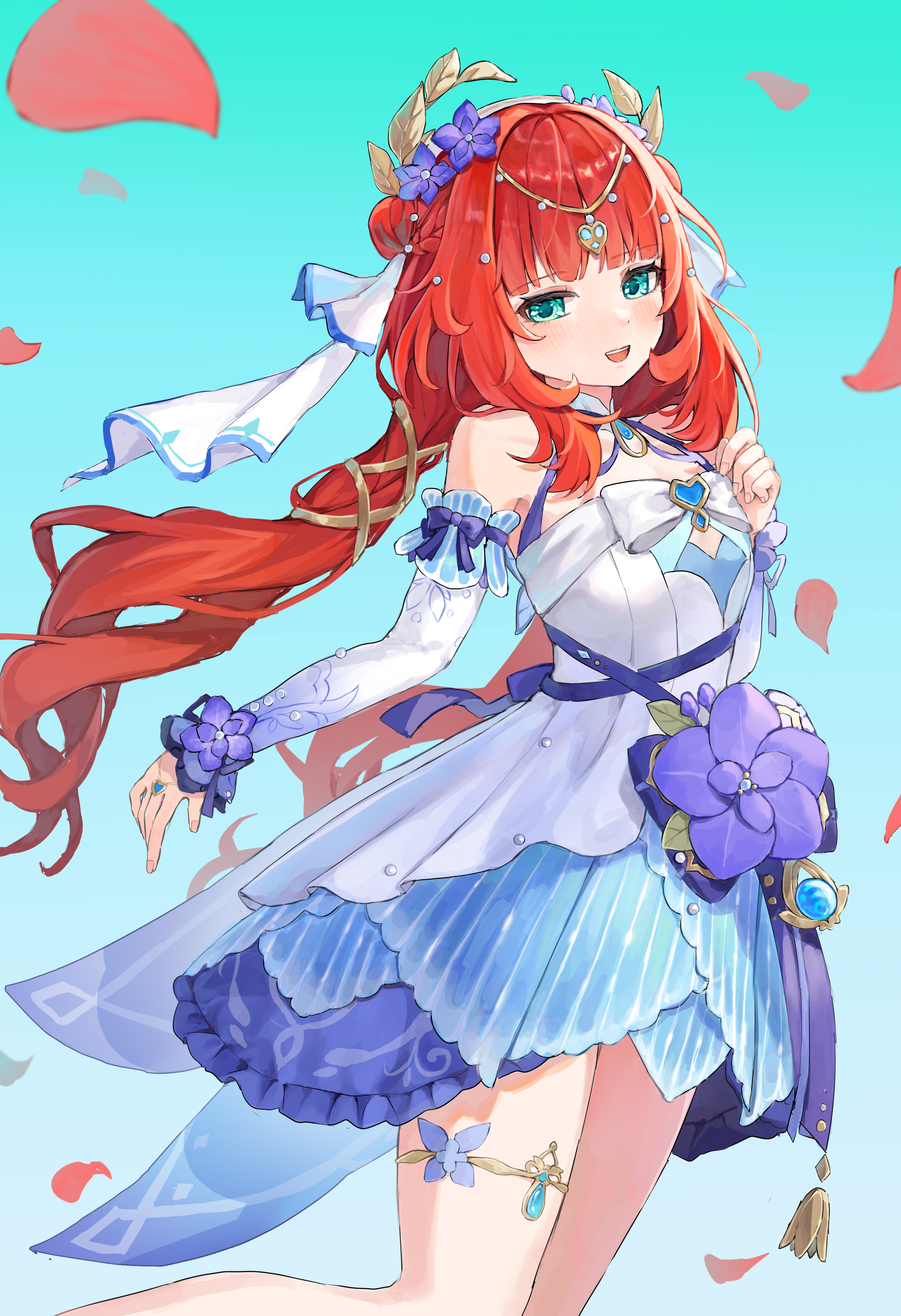 ririru, nilou (breeze of sabaa) (genshin impact), nilou (genshin impact), genshin impact, absurdres, commentary request, highres, 1girl, aqua background, aqua eyes, bare shoulders, cowboy shot, detached sleeves, dress, dress flower, falling petals, flower, hair flower, hair ornament, jewelry, long hair, looking at viewer, official alternate costume, open mouth, petals, pink petals, purple flower, purple sleeves, red hair, smile, solo, thighlet, vision (genshin impact), white dress