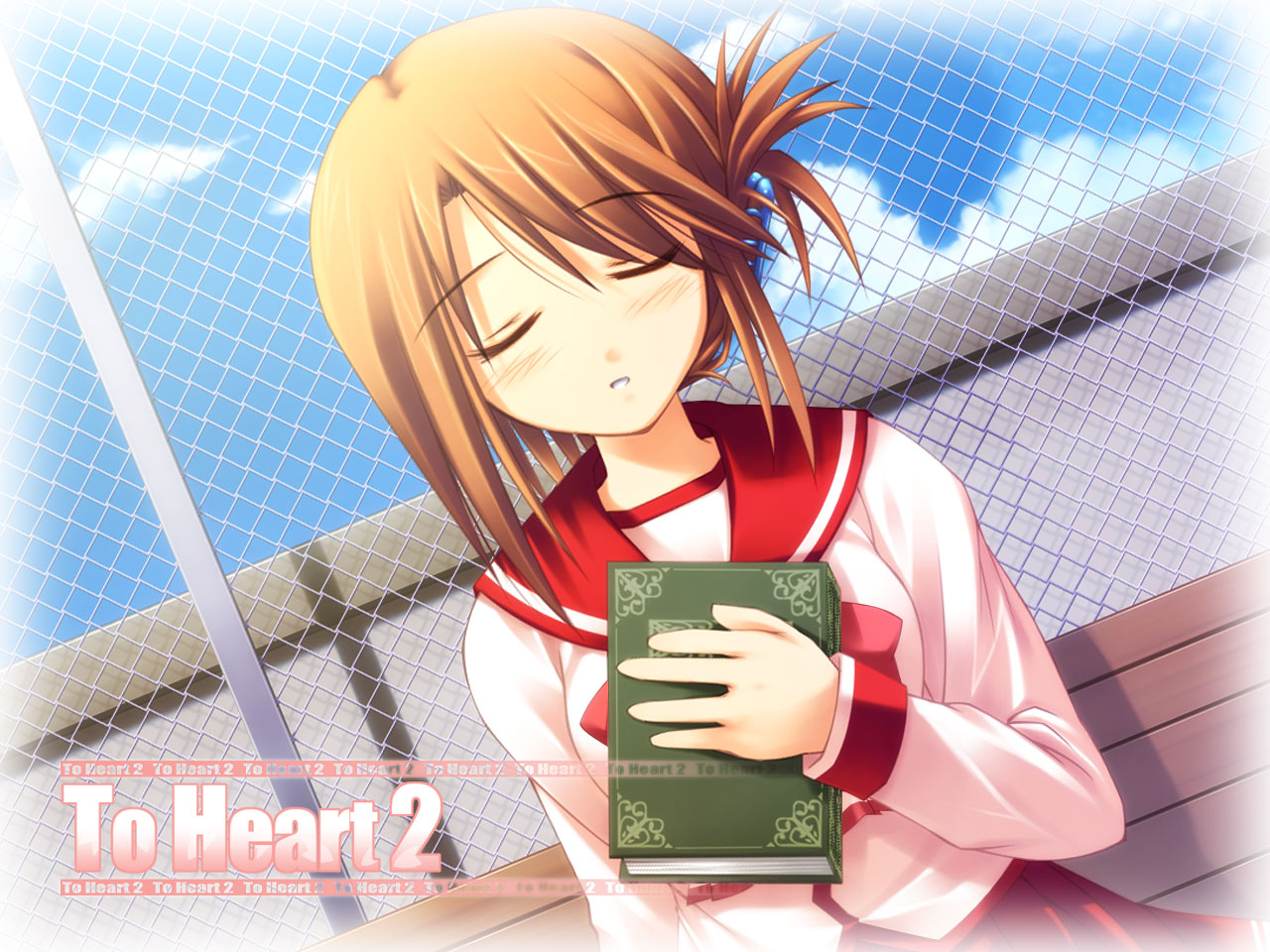 komaki manaka, to heart (series), to heart 2, official art, official wallpaper, 00s, 1girl, book, female focus, folded ponytail, school uniform, serafuku, solo