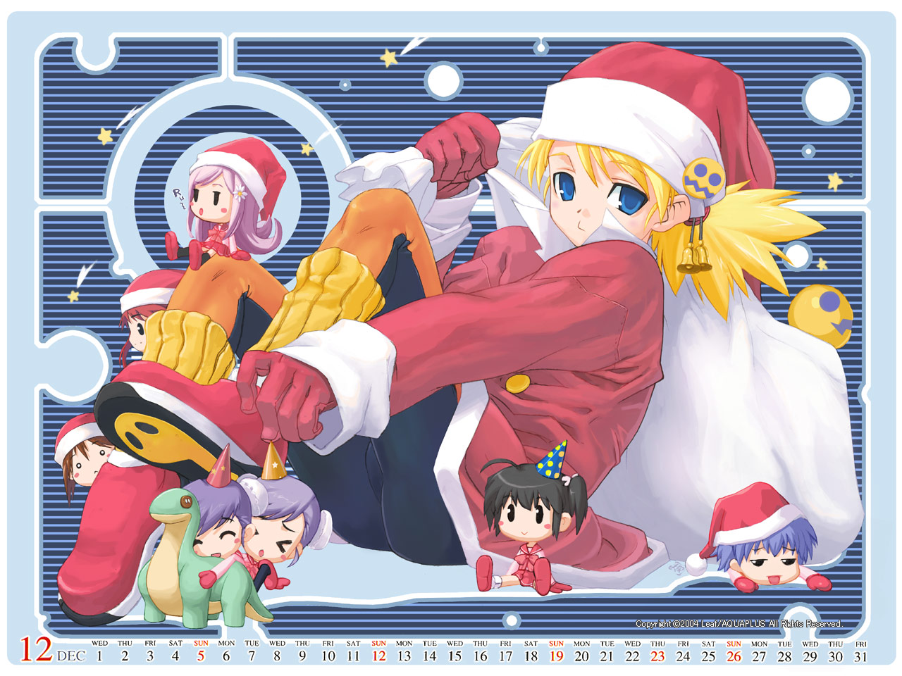sasamori karin, to heart (series), to heart 2, official art, official wallpaper, 00s, 1girl, 2004, bag, blonde hair, blue eyes, calendar, christmas, december, female focus, hat, santa costume, santa hat, solo