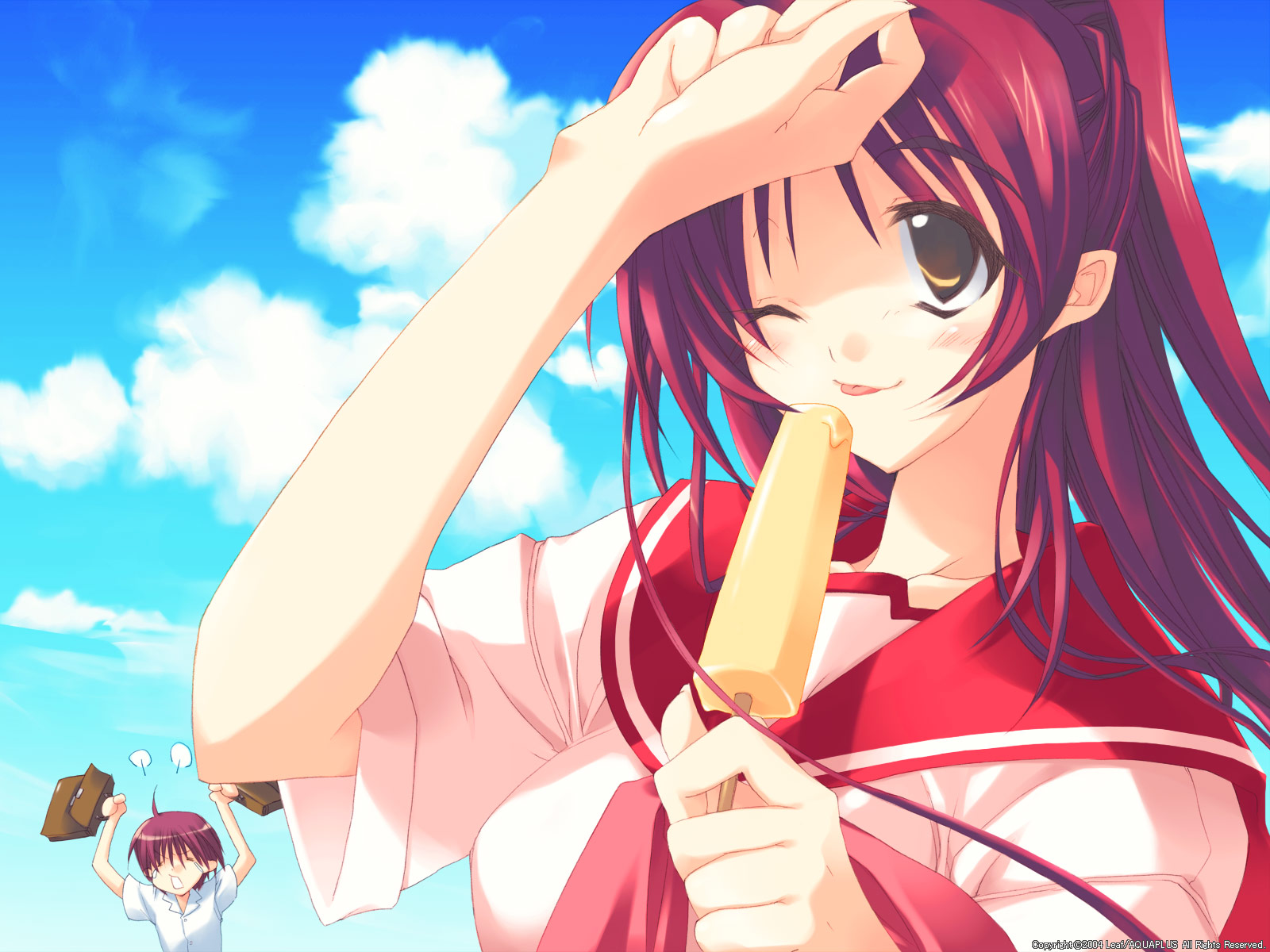 kousaka tamaki, kousaka yuuji, to heart (series), to heart 2, highres, official art, official wallpaper, 00s, 1boy, 1girl, 2004, = =, arms up, bag, blush, brother and sister, brown eyes, cloud, company name, day, english text, food, holding, ice cream, one eye closed, outdoors, popsicle, red hair, school bag, school uniform, serafuku, short sleeves, siblings, sky, teardrop, tongue, tongue out, watermark, web address, wink
