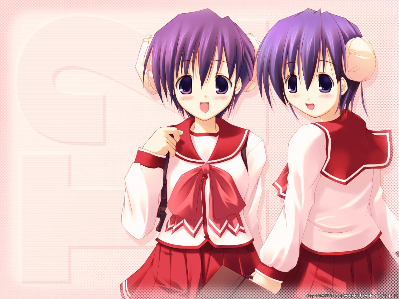 himeyuri ruri, himeyuri sango, to heart (series), to heart 2, official art, official wallpaper, 00s, 2girls, bun cover, double bun, hair bun, multiple girls, pleated skirt, school uniform, serafuku, siblings, sisters, skirt, twins