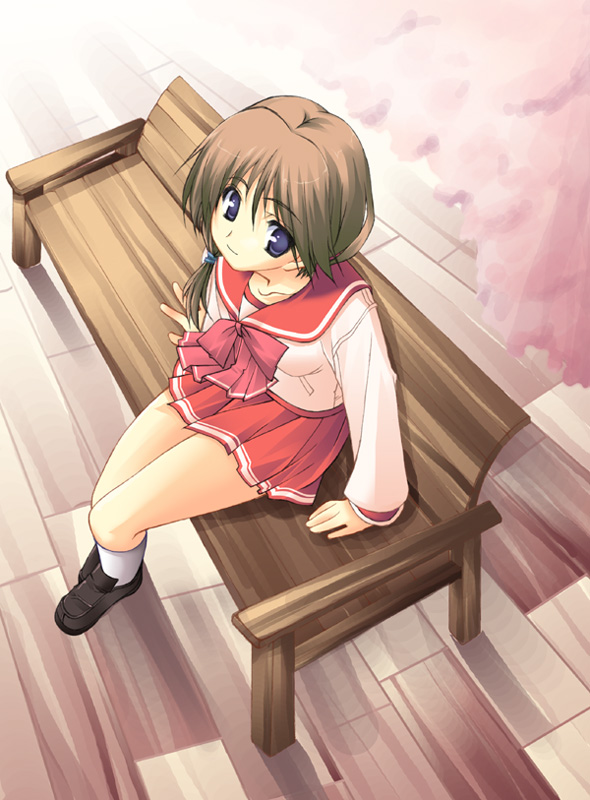 komaki ikuno, to heart (series), to heart 2, 00s, 1girl, bench, female focus, pleated skirt, school uniform, serafuku, skirt, solo