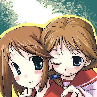 komaki ikuno, komaki manaka, to heart (series), to heart 2, lowres, 00s, 2girls, folded ponytail, multiple girls, oekaki, school uniform, serafuku